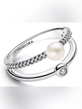 NIB Pandora Silver Fresh Water Pearl and Cubic Zirconia Double Ring (Sz 6)